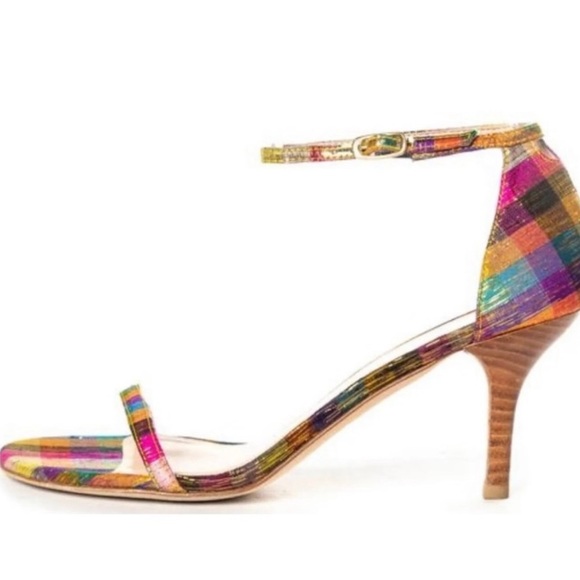 STUART WEITZMAN Metallic Rainbow Plaid Leather Ankle Strap Nunaked Sandals Heel - Picture 8 of 11